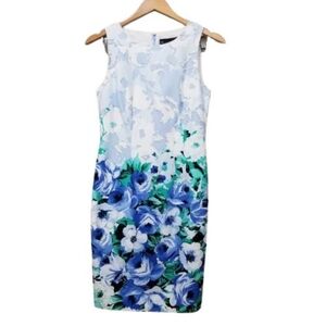 Chetta B White Floral Sheath Dress with Blue & Green Bouquet Size 4